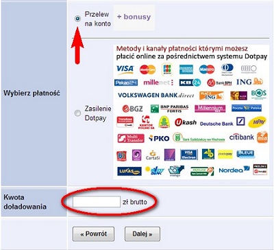 doładowanie za pomocą bezpośredniego przelewu