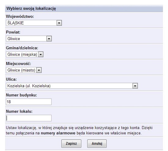 Panel, numery alarmowe, ustawienie lokalizacji2